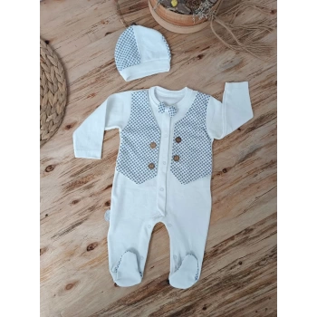 0-3 3-6 6-9 Ay Şapkalı Yelek Detaylı Boydan Çıtçıt Erkek Bebek Tulumu Ekru