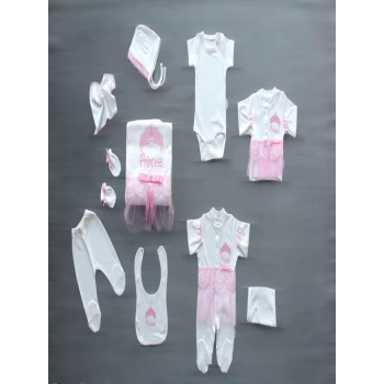 Taçlı Prensesim Nakışlı  10lu Zıbın Takımı Hastane Çıkışı Pembe