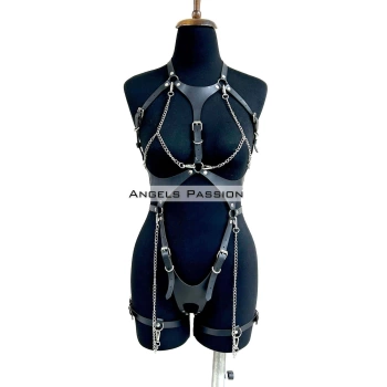 Deri Body Harness, Zincir Ve Kelepçeli Fantezi İç Giyim - Brf1098