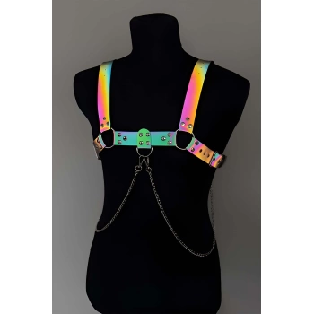 Rainbow Reflektörlü (karanlıkta Parlayan) Zincir Detaylı Şık Erkek  Göğüs Harness, Reflektörlü Clubwear - Brfm109