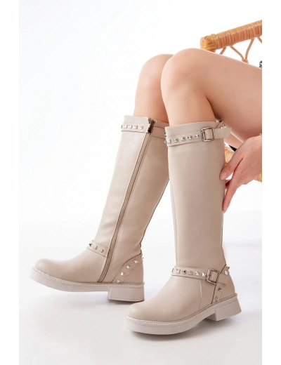 02-307 Bej Düz Topuklu Günlük Bayan Binici Çizme