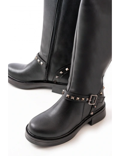 02-307 Siyah Düz Topuklu Günlük Bayan Binici Çizme