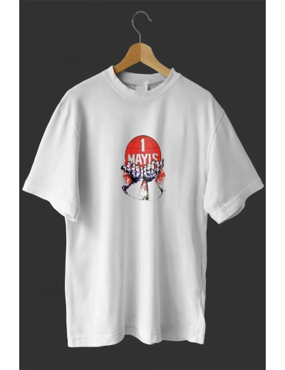 1 Mayıs Emek ve Dayanışma Günü Baskılı Oversize Bisiklet Yaka T-shirt - Beyaz
