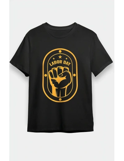 1 Mayıs Labor Day Emekçi Temalı Baskılı Oversize Bisiklet Yaka T-shirt - Siyah