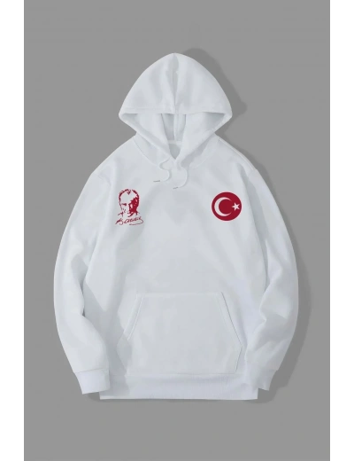 10 Kasıma Özel Üç İplik Kapüşonlu Baskılı SweatShirt - Beyaz