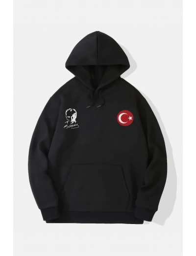 10 Kasıma Özel 3 İplik Kapüşonlu Baskılı SweatShirt Hoodie - Siyah
