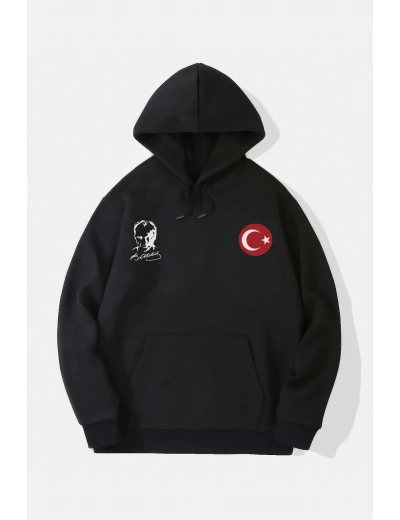 10 Kasıma Özel Üç İplik Kapüşonlu Baskılı SweatShirt - Siyah