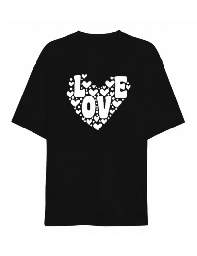 14 Şubat Sevgililer Günü Love Kalp Baskılı Oversize Bisiklet Yaka T-shirt - Siyah