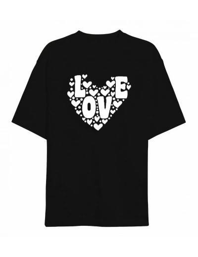 14 Şubat Sevgililer Günü Love Kalp Baskılı Oversize Bisiklet Yaka T-shirt - Siyah