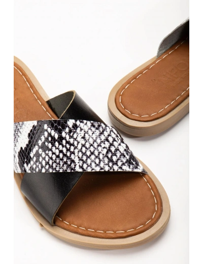 169-076 Siyah Ortopedik Hakiki Deri Çapraz Bantlı Kadın Terlik