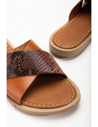 169-076 Taba Ortopedik Hakiki Deri Çapraz Bantlı Kadın Terlik