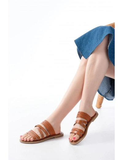 169-161 Taba Örgülü Ortopedik Taban Hakiki Deri Kadın Sandalet