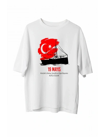 19 Mayıs Unisex Baskılı T-shirt - Beyaz