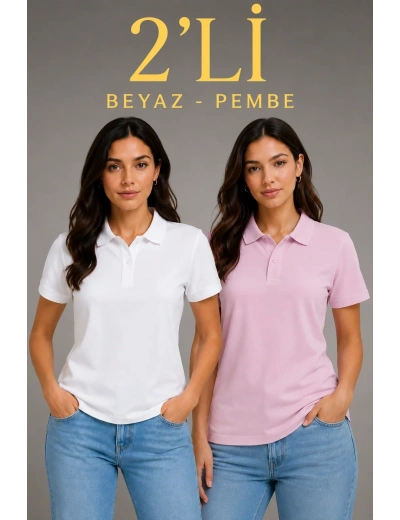 2li Kadın Polo Yaka Pike Kumaş Düğmeli Basic Tişört Günlük Rahat Kesim - Beyaz, Pembe
