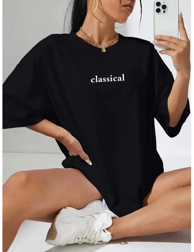 Kadın Penye Compack Classical Baskılı Siyah Oversize Tişort - Siyah