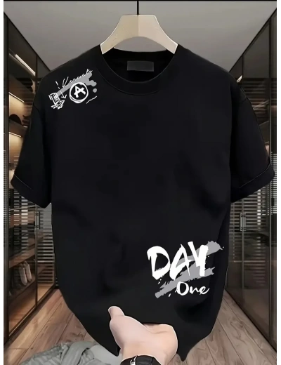 Kadın Penye Compack Day One Baskılı Oversize Bisiklet Yaka T-shirt - Siyah