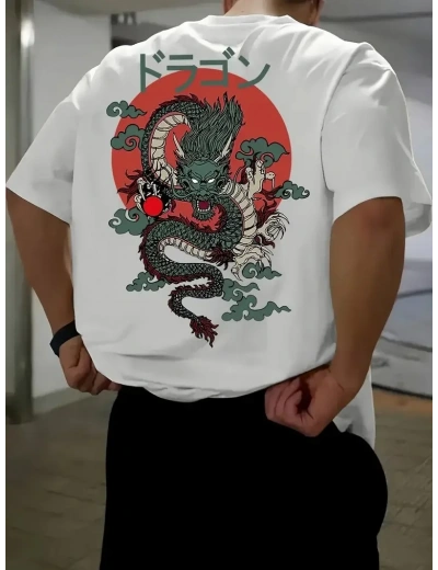 Erkek Penye Compack  Ejder Baskılı Oversize Bisiklet Yaka T-shirt - Beyaz