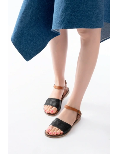 205-012 Siyah Ortopedik Hakiki Deri Kadın Sandalet