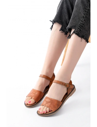 205-012 Taba Ortopedik Hakiki Deri Kadın Sandalet
