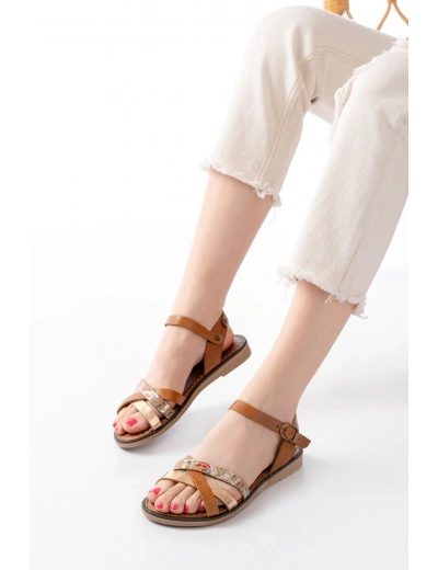 205-015 Taba Garni Ortopedik Hakiki Deri Kadın Sandalet