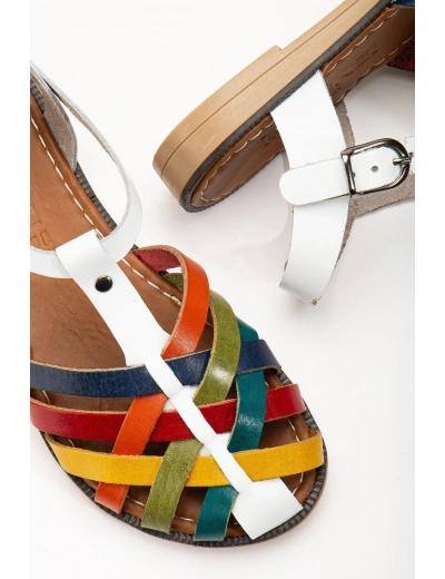 205-02 Beyaz Multi Ortopedik Hakiki Deri Kadın Sandalet