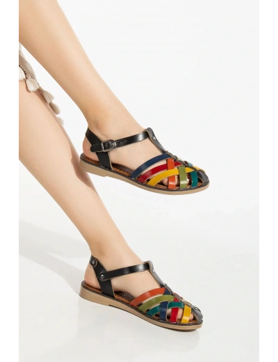 205-02 Siyah Multi Ortopedik Hakiki Deri Kadın Sandalet