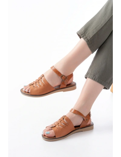 205-029 Taba Ortopedik Hakiki Deri Kadın Sandalet