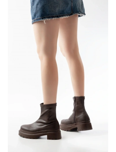 236-2011 Kahve Streç Fermuarlı Günlük Kadın Bot