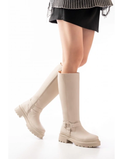 236-3021 Bej Fermuarlı Günlük Kadın Çizme