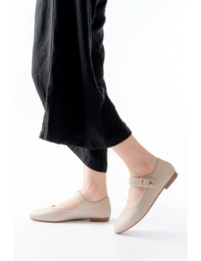 2606 Bej Baretli Günlük Bayan Ayakkabı