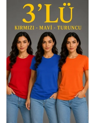 3’lü Kısa Kollu Bisiklet Yaka Basic Slim Fit T-Shirt - Kırmızı - Mavi - Turuncu
