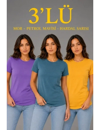 3’lü Kısa Kollu Bisiklet Yaka Basic Slim Fit T-Shirt - Mor - Petrol Mavisi - Hardal