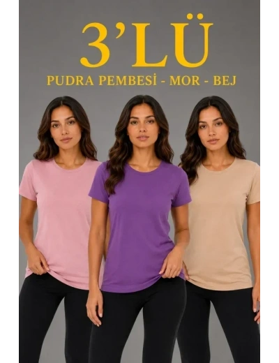 3’lü Kısa Kollu Bisiklet Yaka Basic Slim Fit T-Shirt - Pudra Pembe - Mor - Bej