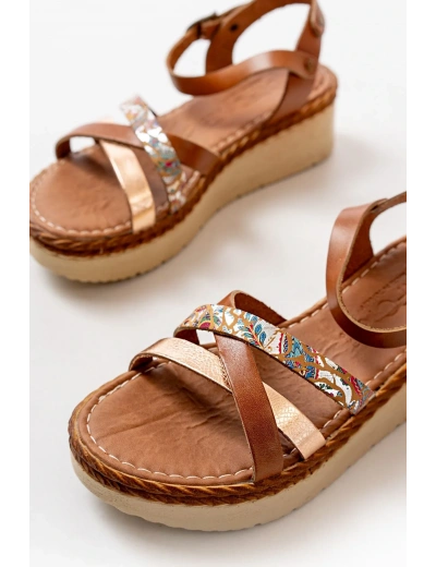 730-015 Taba Garni Ortopedik Hakiki Deri Dolgu Kadın Sandalet