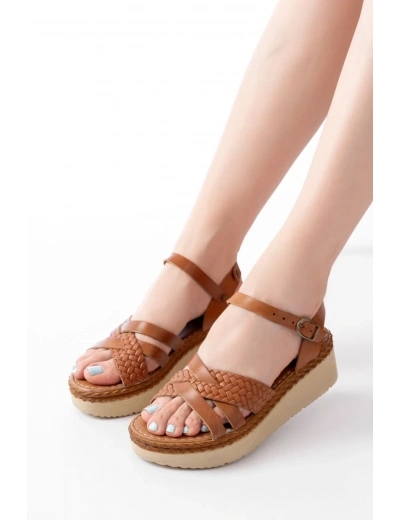 730-138 Taba Örgü Hakiki Deri Ortopedik Taban Kadın Sandalet