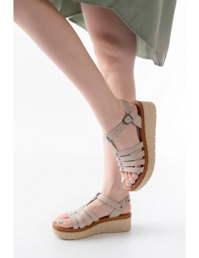 730-142 Bej Hakiki Deri Ortopedik Taban Kadın Sandalet