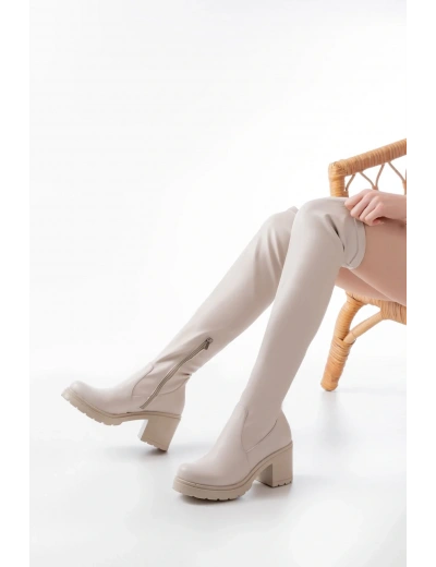767-3010 Bej Streç Günlük Kalın Topuklu Kadın Çizme