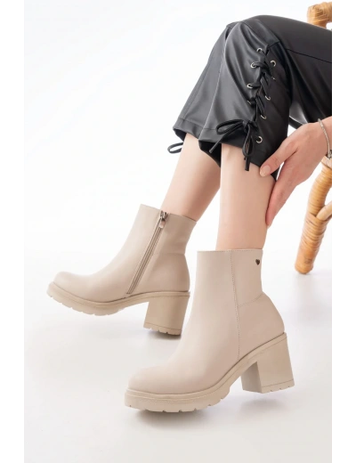 767-3020 Bej Fermuarlı Kalın Topuklu Günlük Kadın Bot
