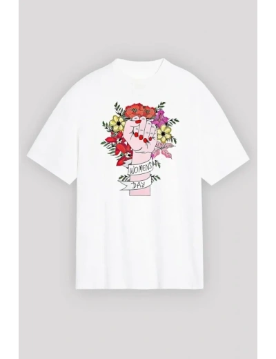 8 Mart Dünya Kadınlar Günü Baskılı Oversize Bisiklet Yaka T-shirt - Beyaz
