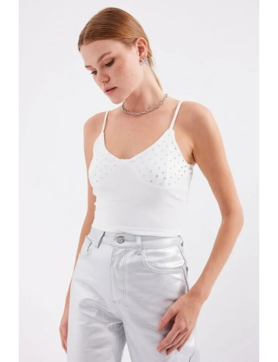 918 İp Askılı Crop Top - Beyaz