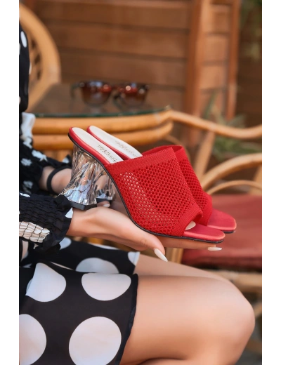 Akva Kırmızı Triko Şeffaf Topuklu Terlik