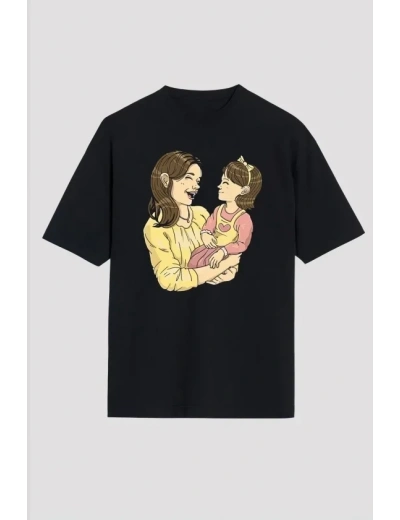 Anneler Günü Hediye Anne Kız Temalı Baskılı Oversize Bisiklet Yaka T-shirt - Siyah
