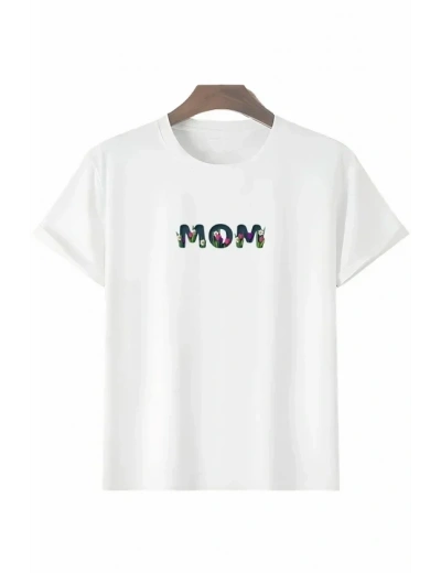 Anneler Günü Hediye Mom Çiçek Baskılı Oversize Bisiklet Yaka T-shirt - Beyaz