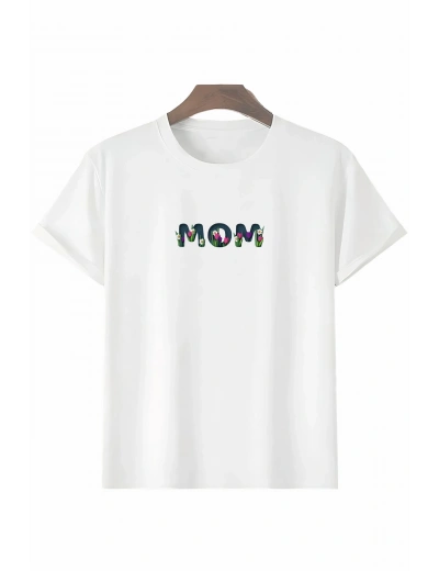 Anneler Günü Hediye Mom Çiçek Baskılı Oversize Bisiklet Yaka T-shirt - Beyaz