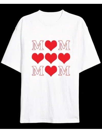 Anneler Günü Hediye MOM Kalp Baskılı Oversize Bisiklet Yaka T-shirt - Beyaz