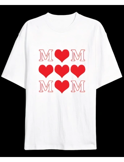 Anneler Günü Hediye MOM Kalp Baskılı Oversize Bisiklet Yaka T-shirt - Beyaz