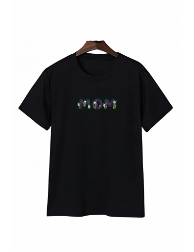 Anneler Günü Mom Çiçek Temalı Baskılı Oversize Bisiklet Yaka T-shirt - Siyah