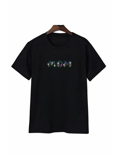 Anneler Günü Mom Çiçek Temalı Baskılı Oversize Bisiklet Yaka T-shirt - Siyah