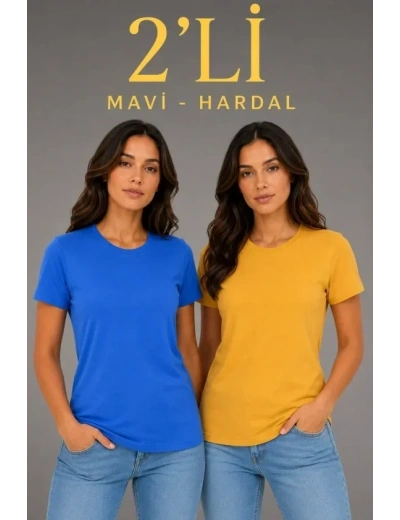Basic Bisiklet Yaka Yazlık Slim Fit T-Shirt - Mavi - Hardal Sarısı