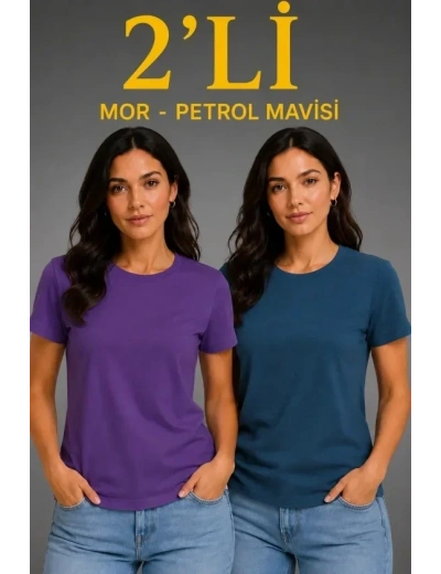 Basic Bisiklet Yaka Yazlık Slim Fit T-Shirt - Mor - Petrol Mavisi
